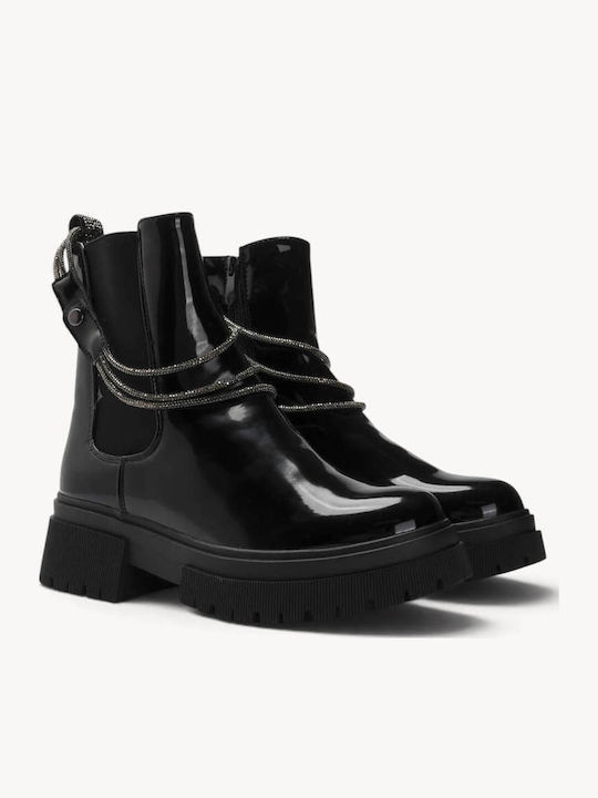 Black Patent Leather Ankle Boots Decorative Chains