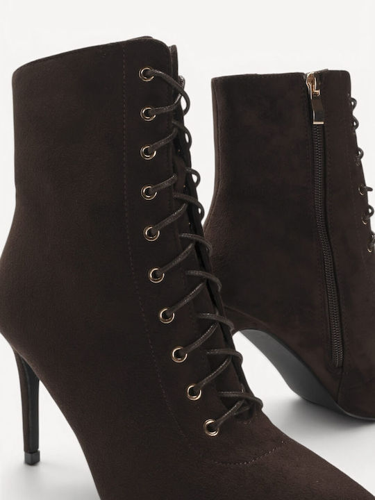 Brown Suede Ankle Boots With Laces High Thin Heel