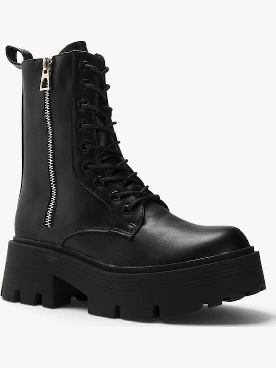 Black Combat Boots With Laces External Zipper