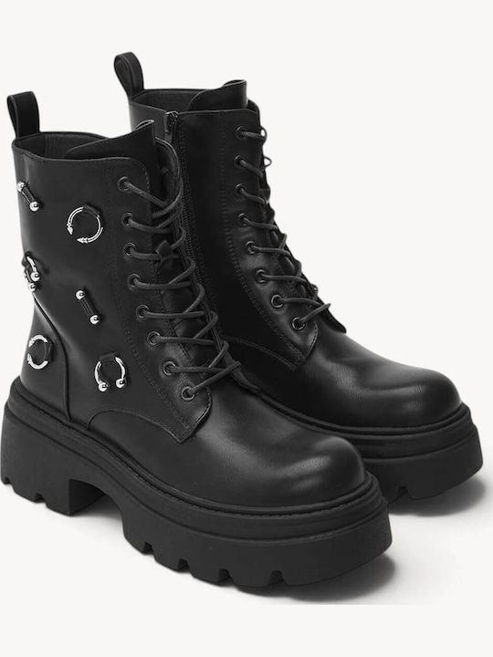 Black Combat Boots Metal Decorations Chunky Sole