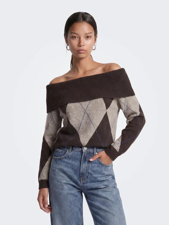 Дамска блуза Off-Shoulder Дълъг ръкав Кафява