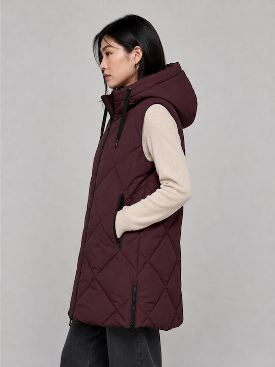Дълго Дамско Без ръкави Puffer Яке за Зима Бордо