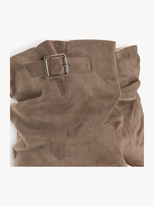 Beige Cowboy Boots Wrinkled Strap Buckle