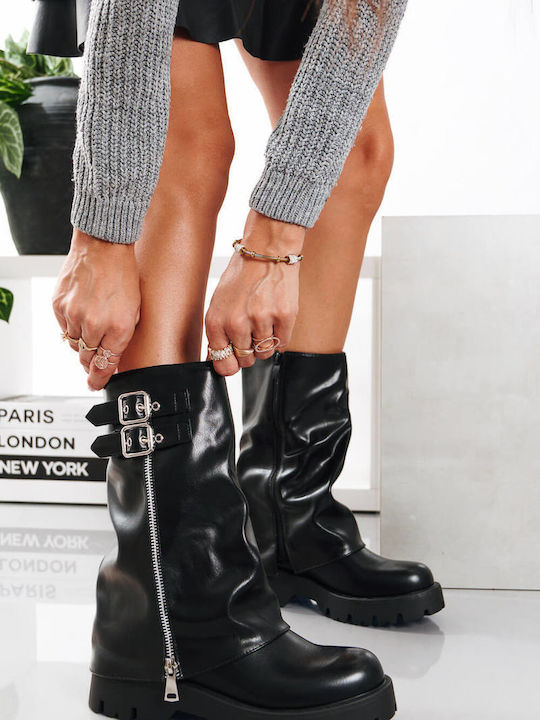 Schwarze Damenstiefel Biker Doppelgurt mit Reißverschluss