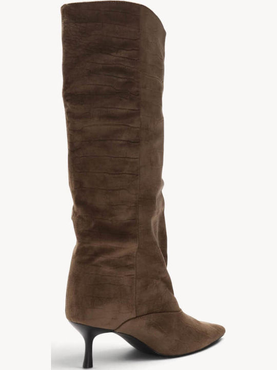 Beige Damenstiefel Mit Prägung Croco Textur Spitz Zehen