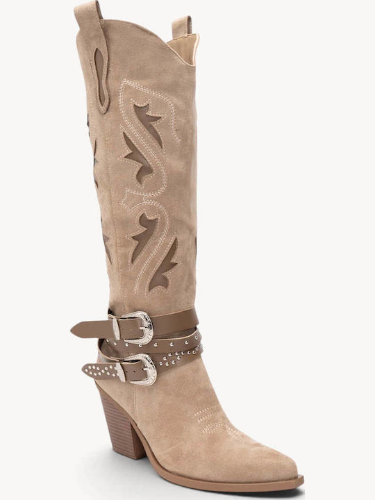Beige Cowboy Stiefel Mit Lochmuster Und Doppelte Schnallen