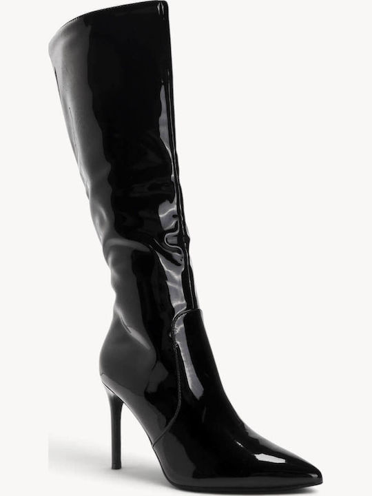 Schwarze Lackleder Damenstiefel Mit Spitz Zehen Stiletto Absatz
