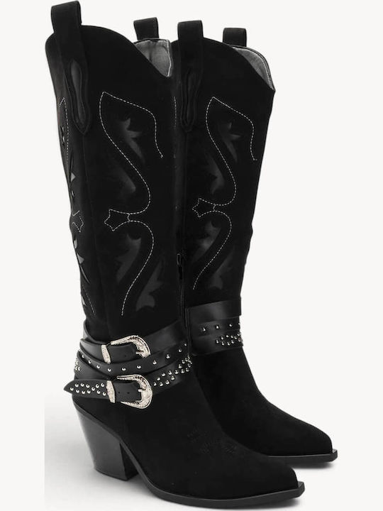 Schwarze Cowboy Stiefel mit Lochmustern und Doppelten Schnallen