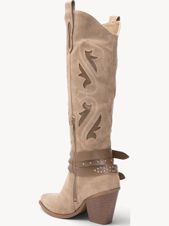 Beige Cowboy Stiefel Mit Lochmuster Und Doppelte Schnallen