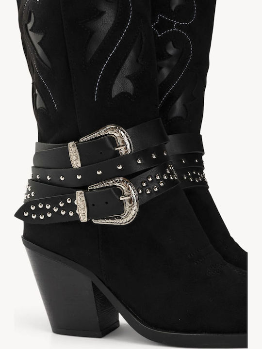Schwarze Cowboy Stiefel mit Lochmustern und Doppelten Schnallen