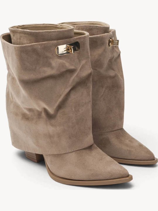 Beige Damenstiefel Western Schnürsenkel Mit Metallischem Schnallen