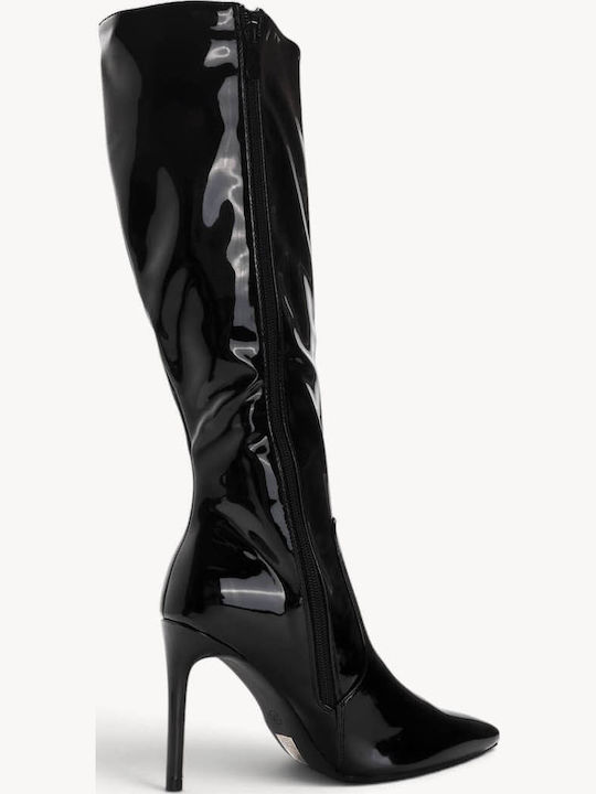 Schwarze Lackleder Damenstiefel Mit Spitz Zehen Stiletto Absatz