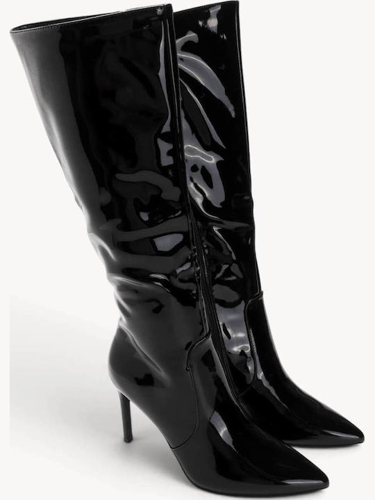 Schwarze Lackleder Damenstiefel Mit Spitz Zehen Stiletto Absatz