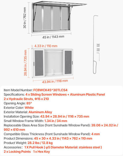 Vevor Concession Window 1143x762mm Aluminum Alloy Food Truck Service Window Base Up To 85 Degrees 4 Sliding Windows Awning Door Hook Water Resistant