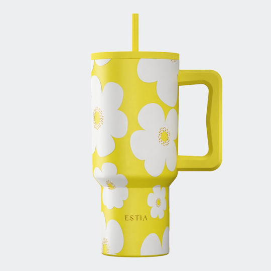 Estia Straw Tumbler XL Save The Aegean Recyclable Handled Tumbler Thermos Stainless Steel BPA Free 900ml Yellow Daisy with Straw and Handle