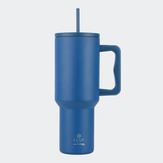 Estia Straw Tumbler XL Save the Aegean Recycelbar Becher mit Griff Thermosflasche Rostfreier Stahl BPA Frei 1.2lt Denim Blue mit Stroh und Handgriff