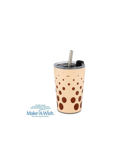 Nava "we Care" Thermos Cup Stainless Steel / Plastic BPA Free 350ml Brown Dots with Straw