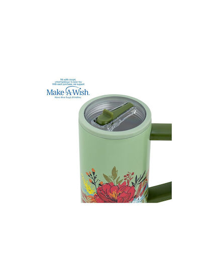 Nava "we Care" Handled Tumbler Thermos Stainless Steel / Plastic 900ml Green Floral with Straw and Handle