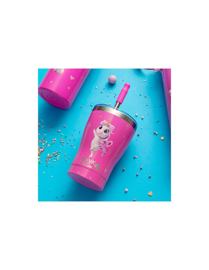 Nava We Care Glas Thermosflasche Rostfreier Stahl 400ml Rosa Einhorn mit Stroh
