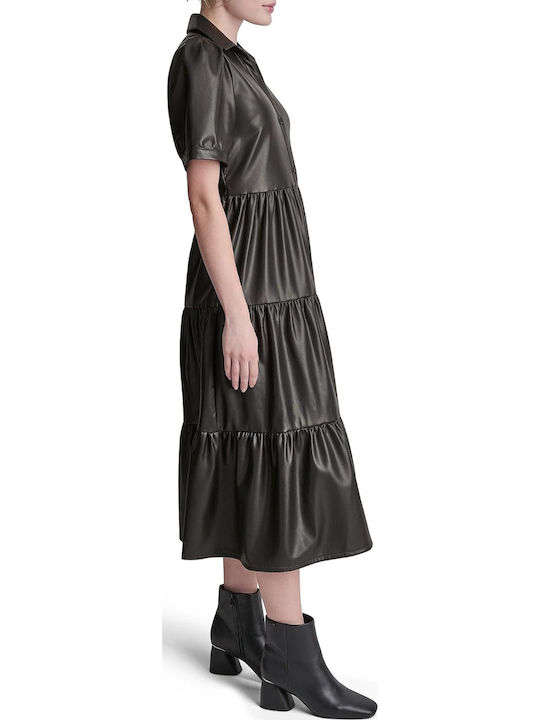 Midi Shirt Dress Leather Black
