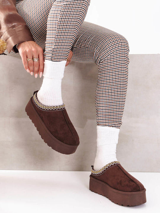 Καφέ Suede Clogs Πλατφόρμα Κεντητές Λεπτομέρειες