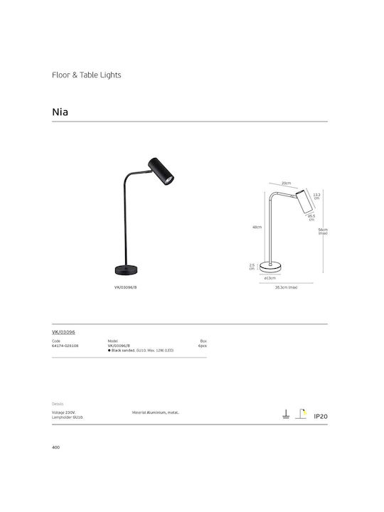 VK Lighting Φωτιστικό Γραφείου για Ντουί GU10 σε Μαύρο Χρώμα