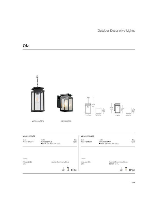 VK Lighting Κρεμαστό Φωτιστικό Οροφής Εξωτερικού Χώρου E27 σε Μαύρο Χρώμα 75169-276694