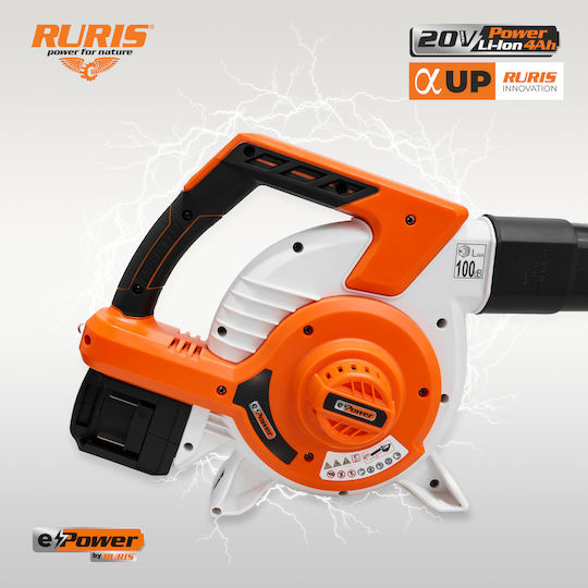 Ruris 1244e Φυσητήρας / Απορροφητήρας Χειρός 20V με 2 Μπαταρίες 4Ah & Ρύθμιση Έντασης με Μέγιστη Ταχύτητα Αέρα 288km/h