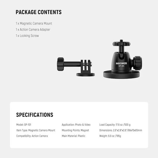 Neewer Basics Gp-101 Suport Magnetic Pentru Dslr Camere De Acțiune Cap Bilă Rotativ 360 De Grade Bază Cu 6 Magneți Protecție Din Silicon Împotriva Zgârieturilor Filet De 1/4 Inch Compatibil Gopro Insta360