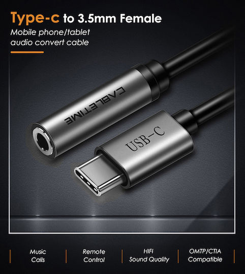 Cabletime DM131031 Конвертор USB-C мъжки към 3.5mm женски Сив