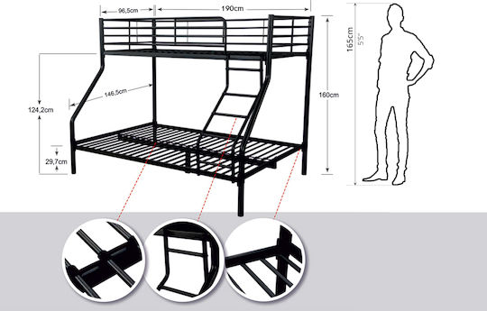 Kinderbett Koje Semi-Doppel mit Matratze Schwarz 140x190cm