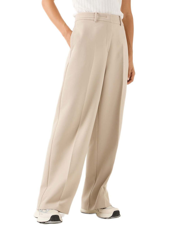 MORE & MORE Women's High Rise Fabric Trousers in Straight Leg Style Beige