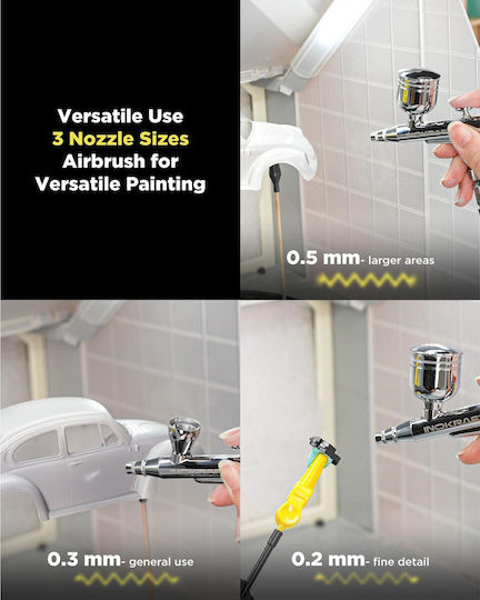 Kit Airbrush Inokraft Compresor Silențios 1/6 Cp Control Dual Pistol 3 Duze 0.2 0.3 0.5 Mm Presiune 34 Psi Sub 47 Db Furtun Suport Curățare 4 Culori Vopsire Modelare