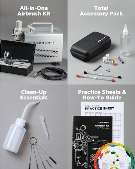 Kit Airbrush Inokraft Compresor Silențios 1/6 Cp Control Dual Pistol 3 Duze 0.2 0.3 0.5 Mm Presiune 34 Psi Sub 47 Db Furtun Suport Curățare 4 Culori Vopsire Modelare