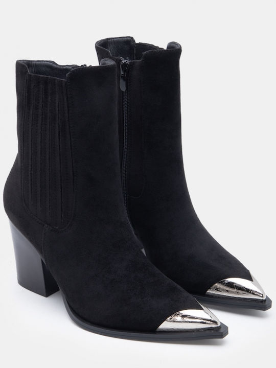 Suede Women's Ankle Boots Cowboy with High Heel Black