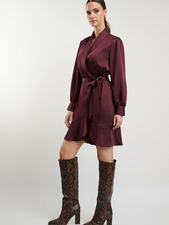 Sommer Mini Abend Hemdkleid Satin Wickel Burgundisch