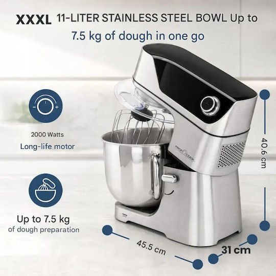 Profi Cook Mașină de bucătărie 2000W cu Bol din Inox 11lt Gri