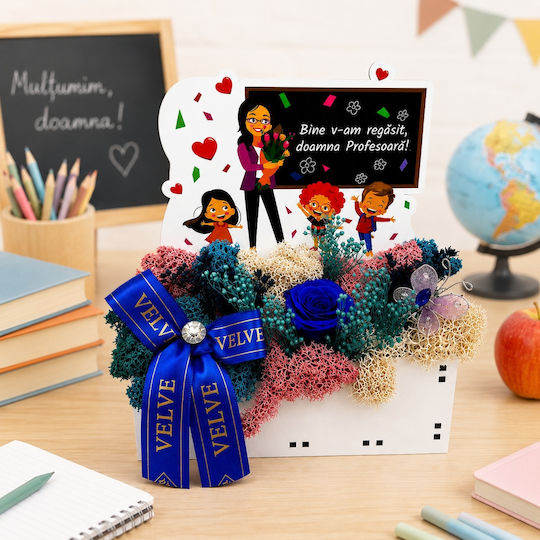 Aranjament Floral Trandafir Albastru Păstrat Criogenic Lagurus Licheni Stabilizați În Cutie Decorativă Mesaj Special