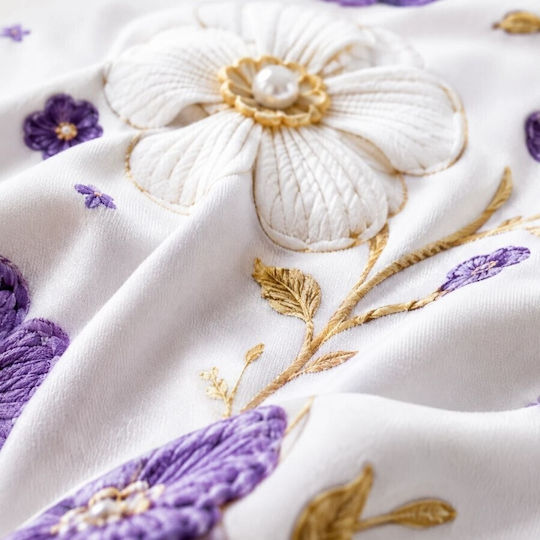 Pucioasa Set Huse Pentru Pilote 200x230cm Dublu Cu 4 Fețe De Pernă & 1 Cearșaf Purple And Cream Flowers