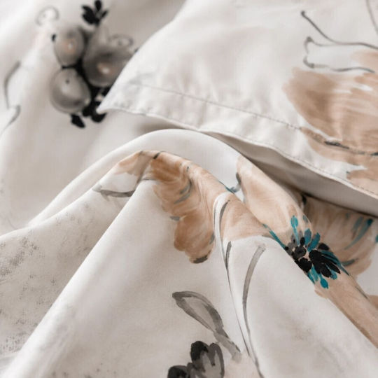 Pucioasa Set Duvet Cover 200x230cm Double with 4 Pillowcases and 1 Bed Sheet Beige Flowers 1
