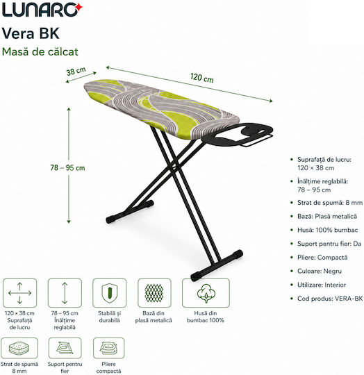 Lunaro Vera-bk Zusammenklappbares Bügelbrett für Bügelstation Offene Länge 120cm Offene Breite 38cm
