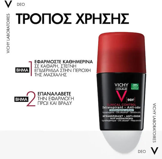 Vichy Homme Clinical Control Anti-Transpirant Deodorant 96h in Roll-On 2x50ml