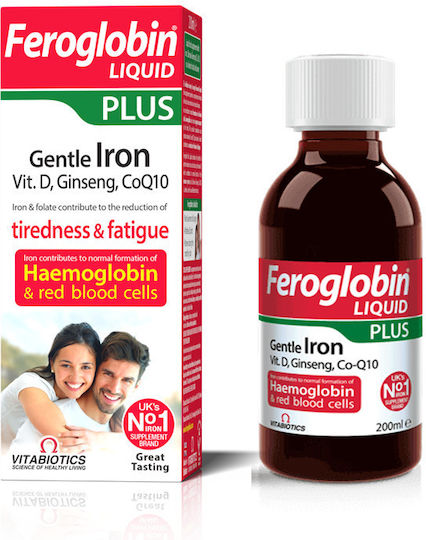 Vitabiotics Feroglobin® Liquid Plus с витамин C Нежно желязо Vit D женшен CoQ10 Енергия