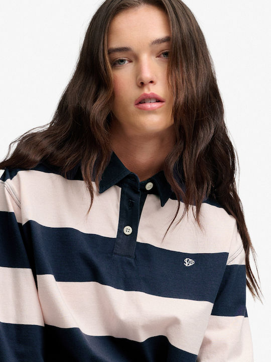 Damen Polo Bluse Gestreift Marineblau/Rosa