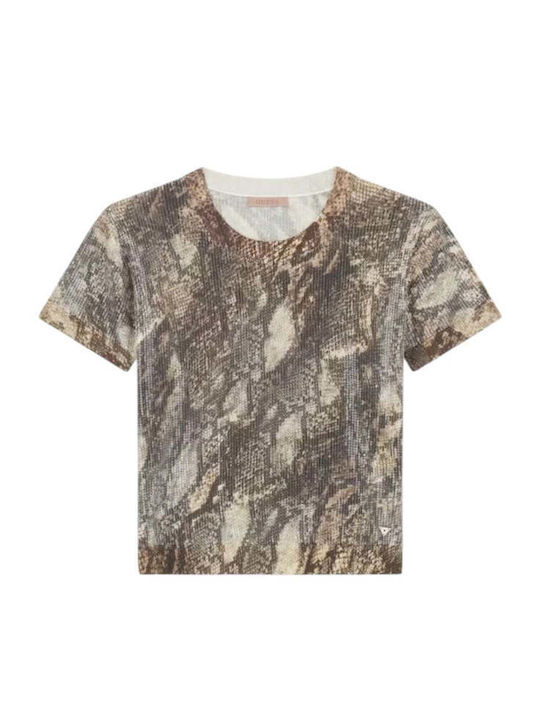 Damen Crop Top Kurzärmelig Tierdruck Beiges