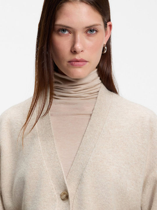 Lange Gestrickte Damen Strickjacke mit Knöpfen Hellbeige
