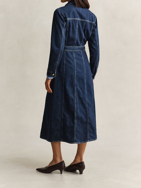 Summer Midi Shirt Dress Denim Dark Blue