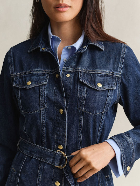 Summer Midi Shirt Dress Denim Dark Blue