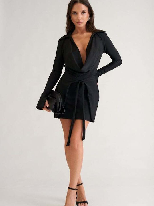 Summer Mini Evening Satin Drape Dress Black