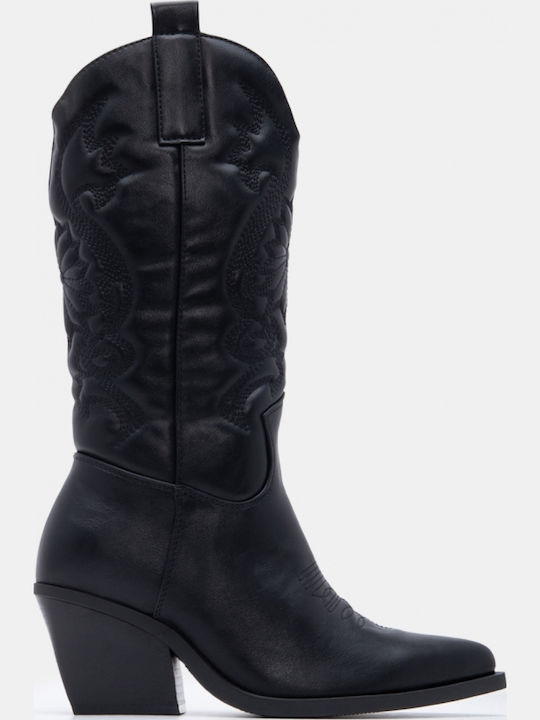 Suede Women's Cowboy Boots with Mid Heel Black